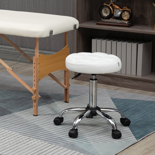 HOMCOM Scaun Rotativ cu Roti, Rotund, Scaun pentru Coafor și Estetician cu Înălțime Ajustabilă, Tapițat în Piele Ecologică, Ø35.5x51-67 cm, Alb