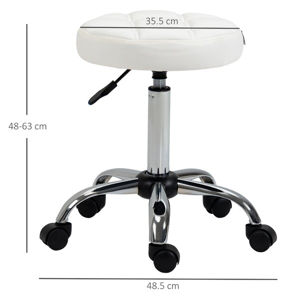 HOMCOM Scaun Rotativ cu Roti, Rotund, Scaun pentru Coafor și Estetician cu Înălțime Ajustabilă, Tapițat în Piele Ecologică, Ø35.5x51-67 cm, Alb