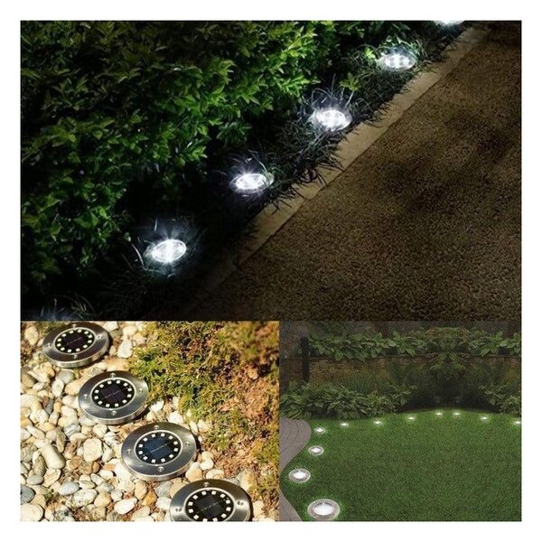 Set 4 spoturi LED cu incarcare solara, lumina alb calda, sticla si otel, negru