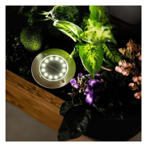 Set 4 spoturi LED cu incarcare solara, lumina alb calda, sticla si otel, negru