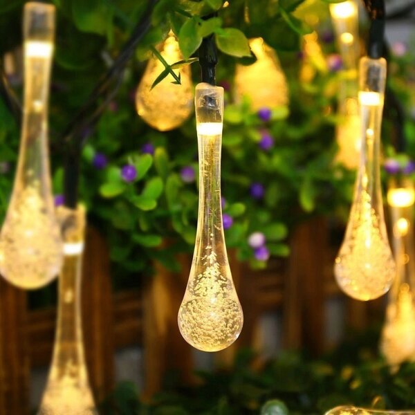 Ghirlanda solara decor exterior, 20 LED-uri forma lacrima, 3000K, 30 lm, baterie 600mAh, lungime totala 485 cm