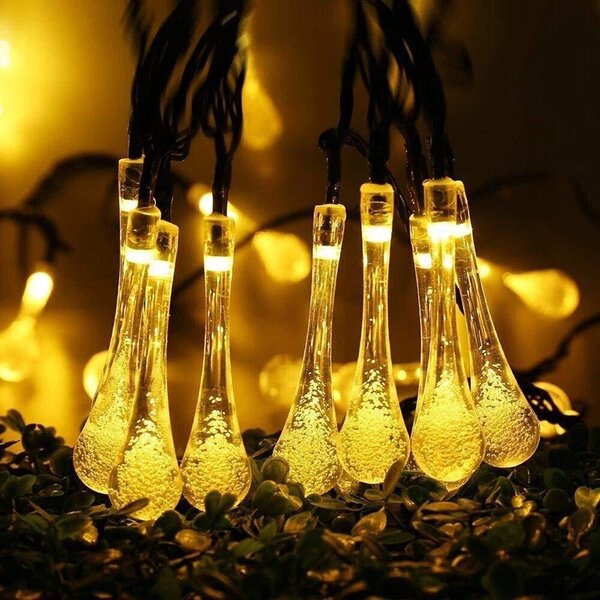 Ghirlanda solara decor exterior, 20 LED-uri forma lacrima, 3000K, 30 lm, baterie 600mAh, lungime totala 485 cm