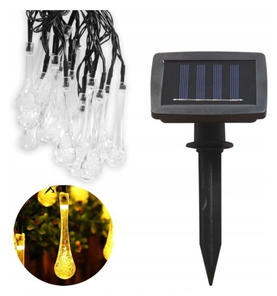 Ghirlanda solara decor exterior, 20 LED-uri forma lacrima, 3000K, 30 lm, baterie 600mAh, lungime totala 485 cm