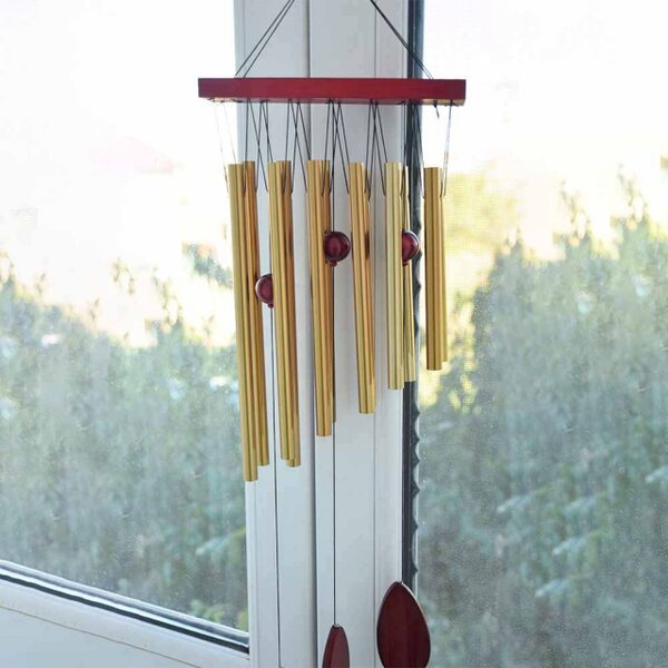 Clopotel de vant cu 12 tuburi sonore metalice aurii pentru casa sau gradina, model Feng-Shui