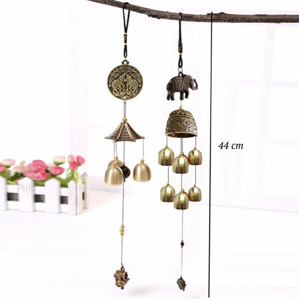 Clopotel de vant cu floare de campanula si 6 clopotei pentru casa sau gradina, model cu elefanti