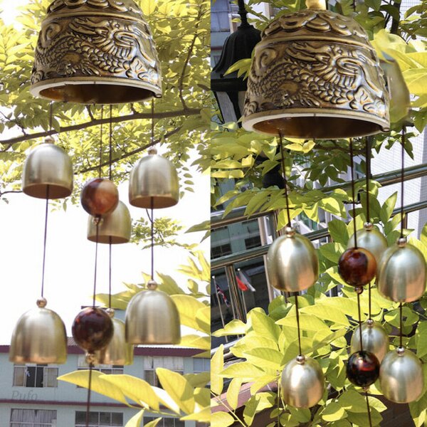 Clopotel de vant cu floare de campanula si 6 clopotei pentru casa sau gradina, model cu elefanti