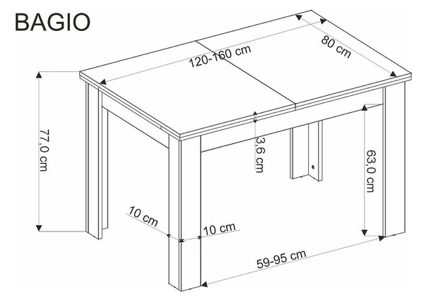 Masa extensibila BAGIO, stejar/negru, PAL laminat, 120/160x80x77 cm