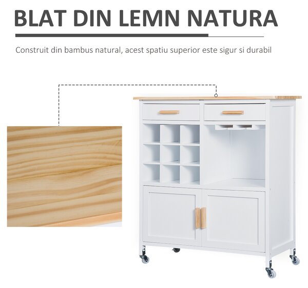 HOMCOM Carucior de Bucătărie Mobil cu Roti Suport Pahare și Sticle din Bambus Spațiu de Depozitare Eficient | Aosom Romania