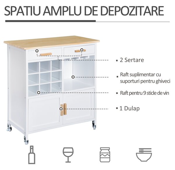 HOMCOM Carucior de Bucătărie Mobil cu Roti Suport Pahare și Sticle din Bambus Spațiu de Depozitare Eficient | Aosom Romania