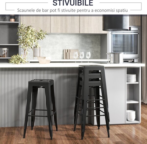 HOMCOM Set 4 Scaune de Bar din Metal cu Suport pentru Picioare Design Versatil pentru Interior/Exterior Negru 43x43x76 cm | Aosom Romania
