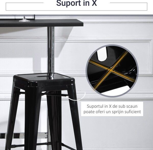 HOMCOM Set 4 Scaune de Bar din Metal cu Suport pentru Picioare Design Versatil pentru Interior/Exterior Negru 43x43x76 cm | Aosom Romania