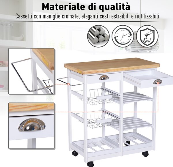 HOMCOM Cărucior pentru Bucătărie cu Sertare și Suport pentru Sticle Design Elegant în Lemn și Alb | Aosom Romania