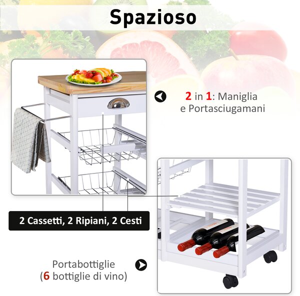 HOMCOM Cărucior pentru Bucătărie cu Sertare și Suport pentru Sticle Design Elegant în Lemn și Alb | Aosom Romania