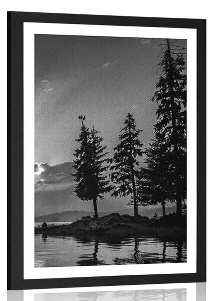 Poster cu passepartout lac de munte în design alb-negru