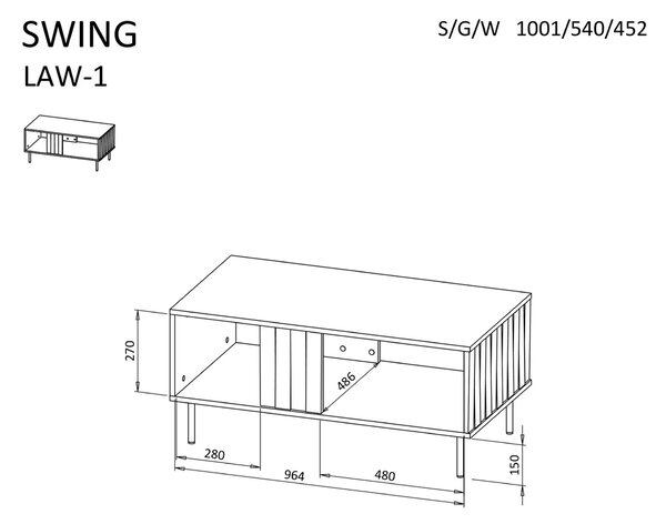 Masuta cafea SWING LAW-1, nuc/negru, PAL laminat/otel, 100x54x45 cm