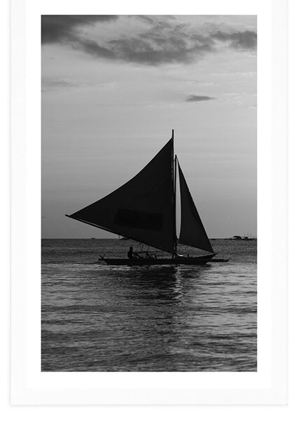 Poster cu passepartout apus de soare frumos la mare în design alb-negru