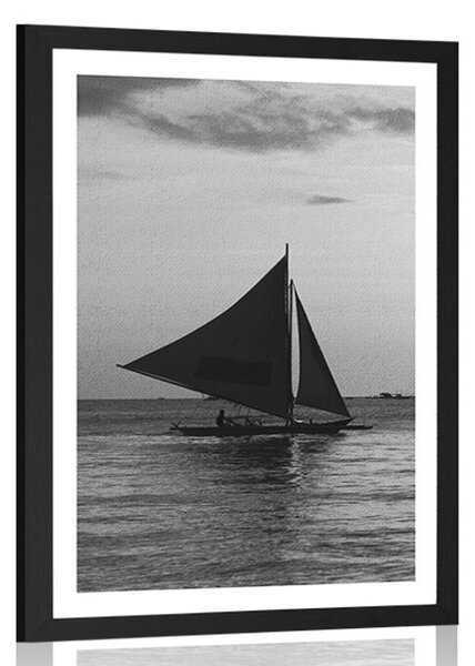 Poster cu passepartout apus de soare frumos la mare în design alb-negru