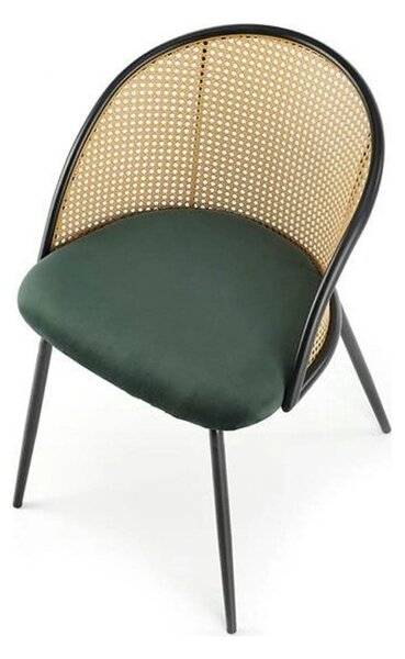 Scaun K508, verde inchis/negru, stofa catifelata/rattan sintetic, 54x5
