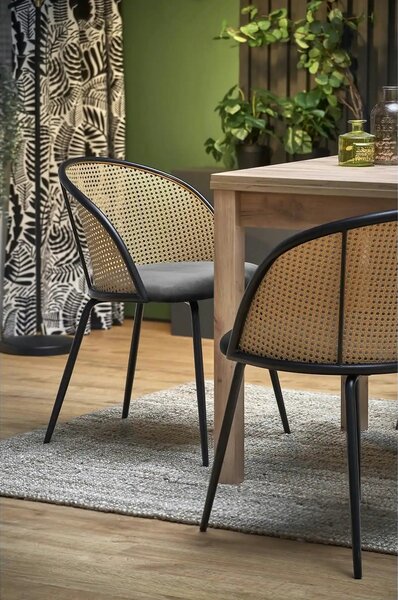 Scaun K508, verde inchis/negru, stofa catifelata/rattan sintetic, 54x5