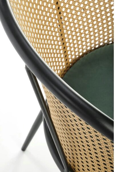 Scaun K508, verde inchis/negru, stofa catifelata/rattan sintetic, 54x5