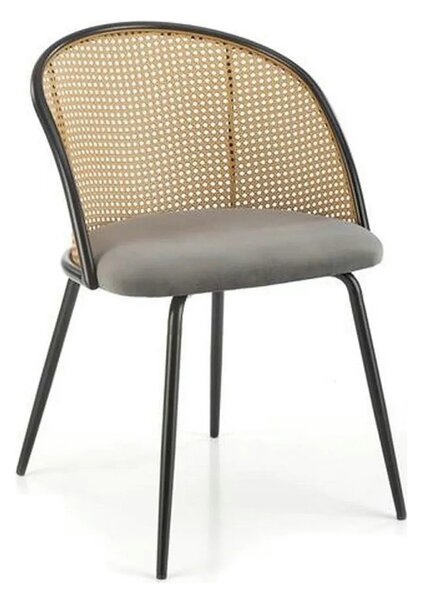 Scaun K508, gri/negru, stofa catifelata/rattan sintetic, 54x57x78 cm
