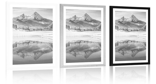 Poster cu passepartout peisaj înzăpezit în Alpi în design alb-negru