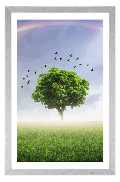 Poster cu passepartout copac singuratic pe luncă