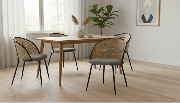 Scaun K508, gri/negru, stofa catifelata/rattan sintetic, 54x57x78 cm