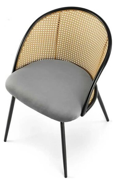 Scaun K508, gri/negru, stofa catifelata/rattan sintetic, 54x57x78 cm