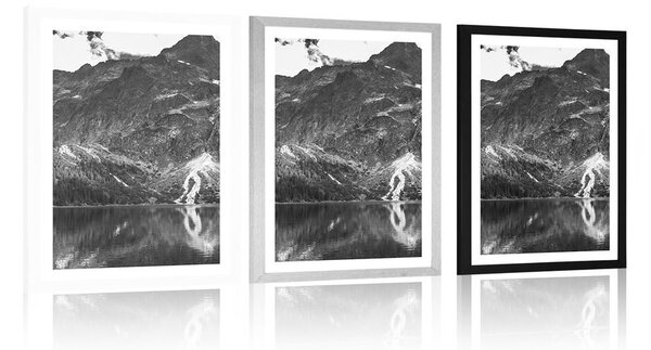 Poster cu passepartout ochiul mării în Tatra în design alb-negru