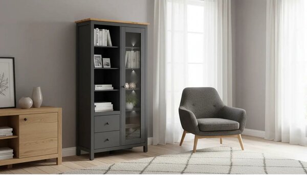 Vitrina HESEN, gri grafit/stejar artisan, PAL melaminat/sticla securiz