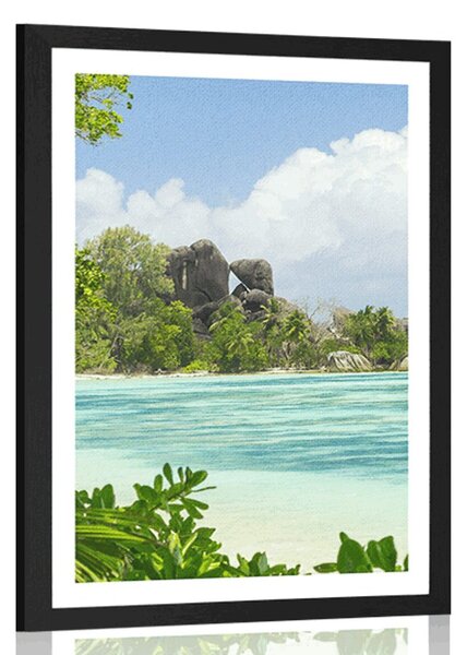 Poster cu passepartout plajă frumoasă pe insula La Digue