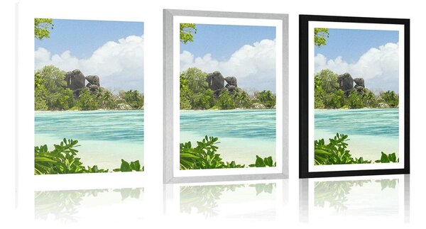 Poster cu passepartout plajă frumoasă pe insula La Digue