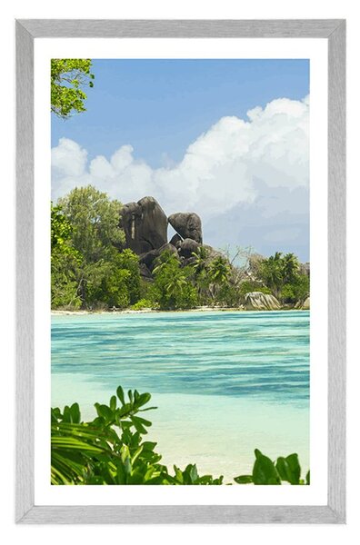 Poster cu passepartout plajă frumoasă pe insula La Digue
