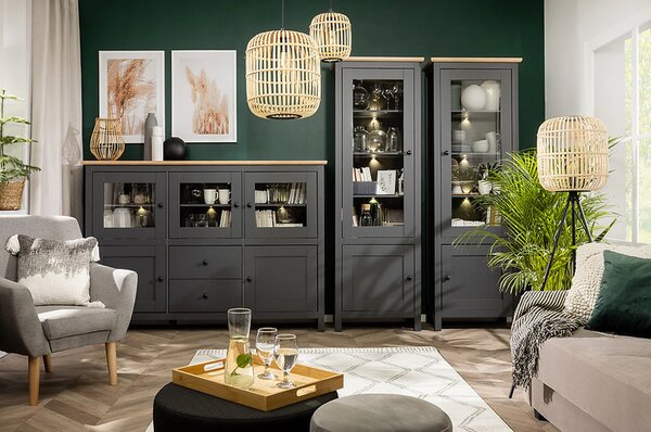 Vitrina HESEN, gri grafit/stejar artisan, PAL melaminat/sticla securiz