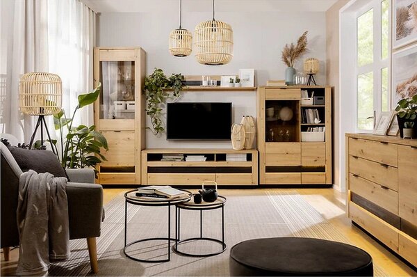 Vitrina OSTIA, stejar artisan/negru mat, PAL/sticla securizata, 67x42x