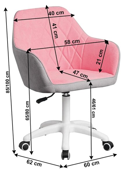 Scaun birou SANTY, roz/gri, metal/stofa, 60x62x85/100 cm
