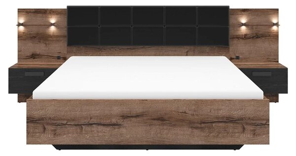 Cadru pat KASSEL 160x200, nuc/negru, PAL/piele ecologica, cu iluminare