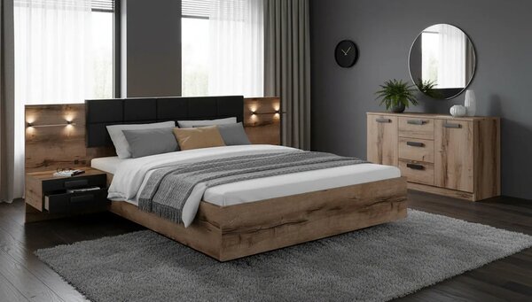 Cadru pat KASSEL 180x200, nuc/negru, PAL/piele ecologica, cu iluminare