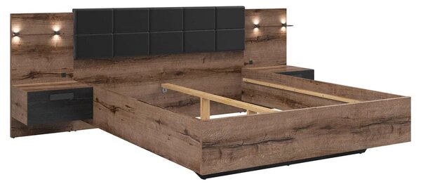 Cadru pat KASSEL 160x200, nuc/negru, PAL/piele ecologica, cu iluminare