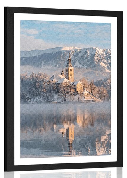 Poster cu passepartout biserică lângă lacul Bled din Slovenia