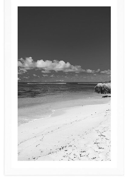 Poster cu passepartout plajă Anse Source în design alb-negru