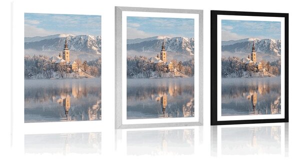 Poster cu passepartout biserică lângă lacul Bled din Slovenia