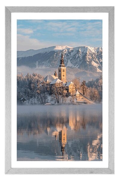 Poster cu passepartout biserică lângă lacul Bled din Slovenia