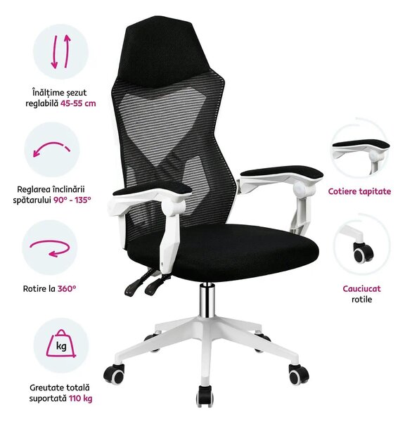 Scaun gaming YOKO, negru/alb, material textil/plastic, 60x65x113/123 c