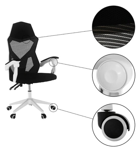 Scaun gaming YOKO, negru/alb, material textil/plastic, 60x65x113/123 c