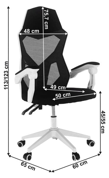 Scaun gaming YOKO, negru/alb, material textil/plastic, 60x65x113/123 c