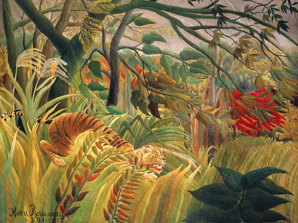 Artă imprimată Tiger in a Tropical Storn (Rainforest Landscape) - Henri Rousseau, (40 x 30 cm)