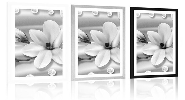 Poster cu passepartout magnolie de lux cu perle în design alb-negru