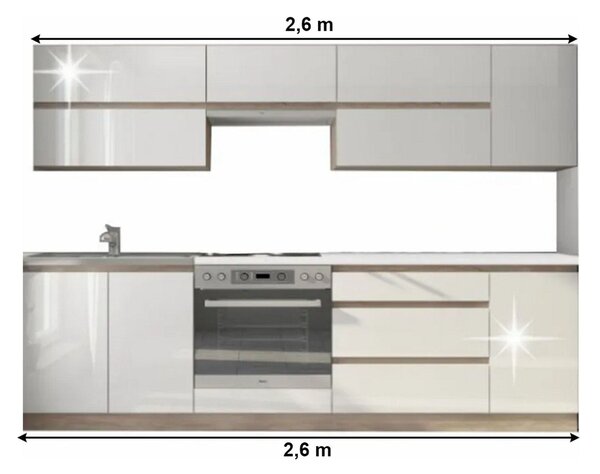 Set bucatarie LINE, alb lucios, PAL laminat, 260 cm